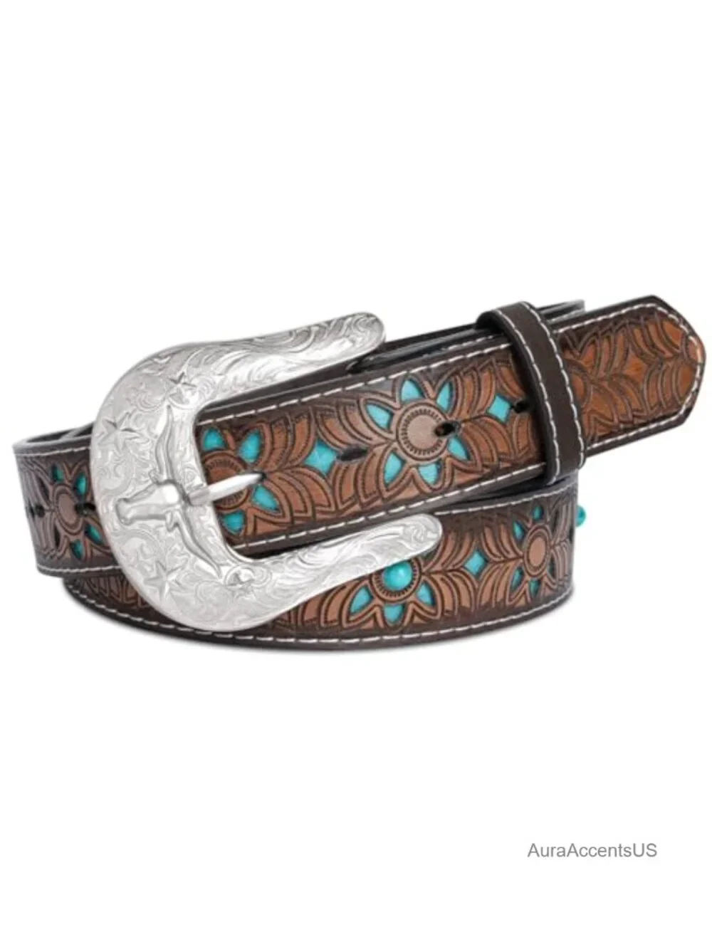 Vintage Western Belt for Women Men, PU Leather, Carved Buckle